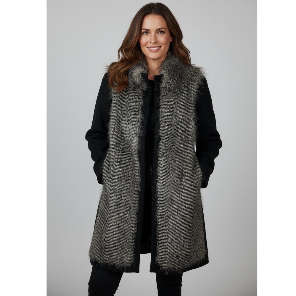 Ann Taylor Wool Cashmere Faux Fur Chevron Trim Coat Black Grey M